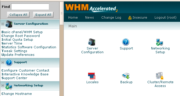 The WHM home screen offers up a list of commonly used functions. The WHM home screen offers up a list of commonly used functions.