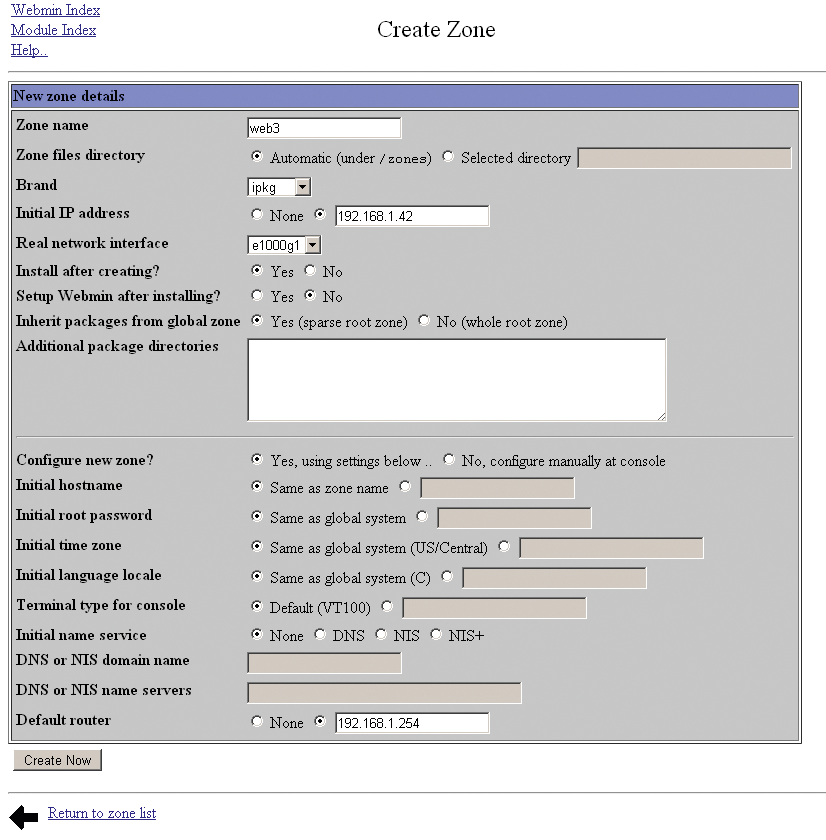 The Webmin Create Zone configuration page. The Webmin Create Zone configuration page.
