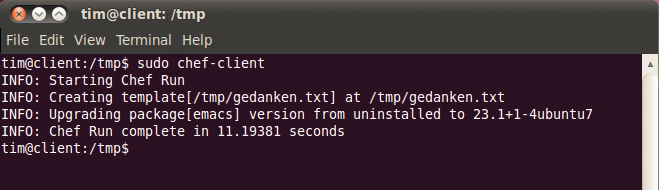 The client has picked up its assigned recipe from the server and executed it. This puts a pre-configured version of Emacs on its disk. The client has picked up its assigned recipe from the server and executed it. This puts a pre-configured version of Emacs on its disk.