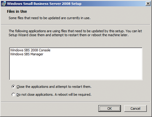 Closing open files before installing Rollup 4 for SBS 2008. Closing open files before installing Rollup 4 for SBS 2008.