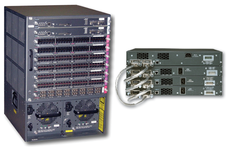 Comparison: A chassis switch on the left and a stack of multiple switches on the right (Source: Cisco). Comparison: A chassis switch on the left and a stack of multiple switches on the right (Source: Cisco).