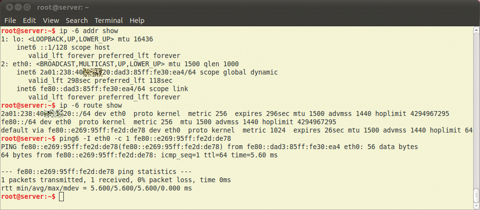 ip -6 addr show and ip -6 route show parse the IPv6 configuration. To ping a local address in the fe80::/64 range, specify the network interface because the network is available on all interfaces. ip -6 addr show and ip -6 route show parse the IPv6 configuration. To ping a local address in the fe80::/64 range, specify the network interface because the network is available on all interfaces.