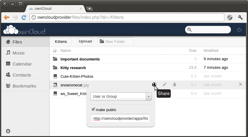 ownCloud users can upload and download files in the web interface, as well as share files with individual users or the public. ownCloud users can upload and download files in the web interface, as well as share files with individual users or the public.