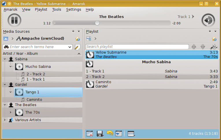 The Amarok player supports the Ampache API and plays tracks directly off your ownCloud. The Amarok player supports the Ampache API and plays tracks directly off your ownCloud.