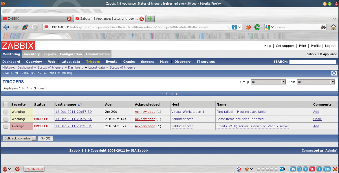 Tripping a trigger, such as the test host failing to respond to an ICMP ping; Zabbix shows the results in the Monitoring menu. Tripping a trigger, such as the test host failing to respond to an ICMP ping; Zabbix shows the results in the Monitoring menu.