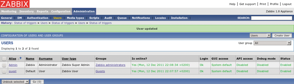 Zabbix has a convenient user management feature. Zabbix has a convenient user management feature.