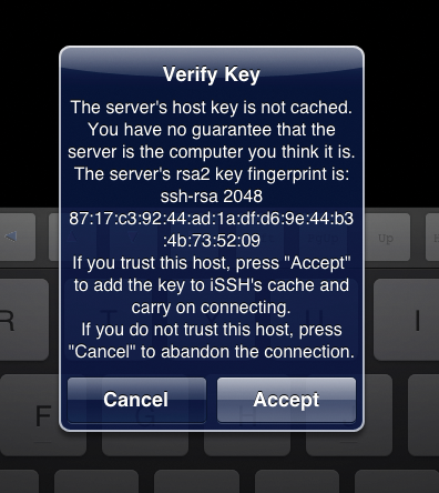 Accepting the SSH host key for your iSSH remote host connection. Accepting the SSH host key for your iSSH remote host connection.