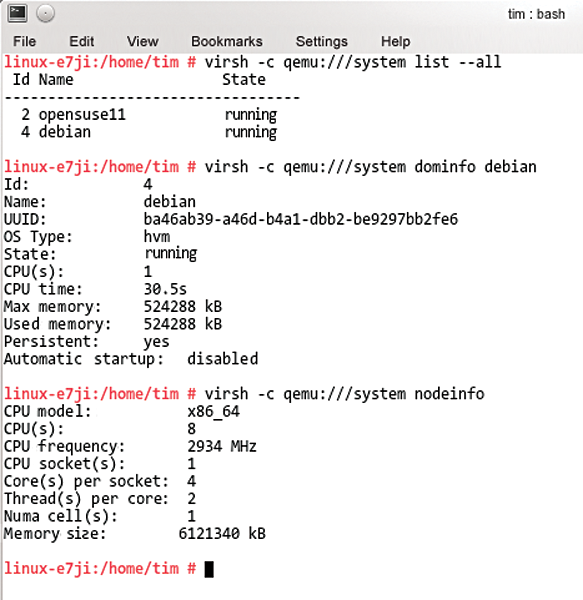 Two virtual machines are running on this host; the machine named debian only uses one CPU, although the physical processor could give it more. The information is sent to standard output and can be dissected with grep. Two virtual machines are running on this host; the machine named debian only uses one CPU, although the physical processor could give it more. The information is sent to standard output and can be dissected with grep.