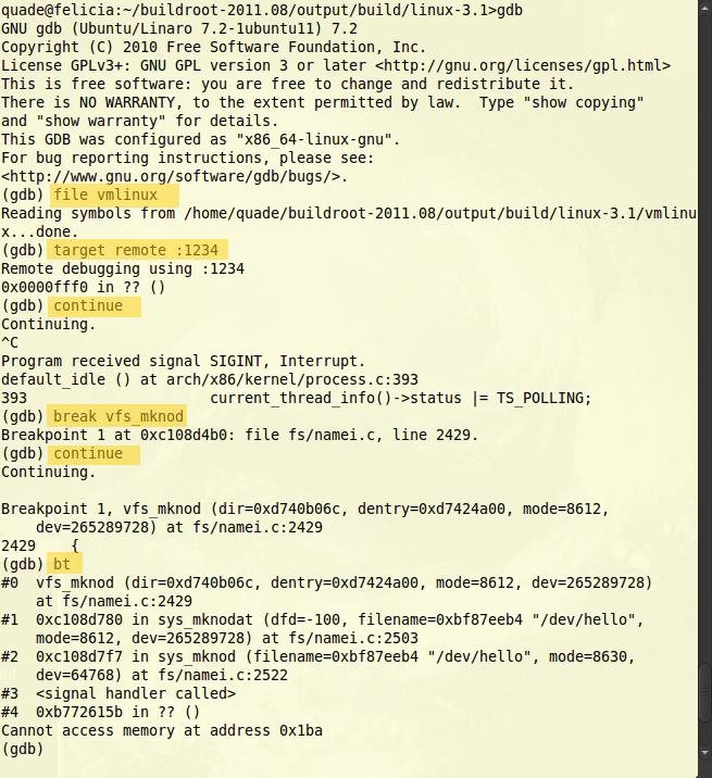 GDB is launched in the Linux source code directory to give it access to the C files. GDB is launched in the Linux source code directory to give it access to the C files.