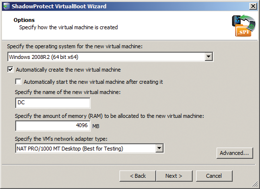 After ShadowProtect has created the virtual machine, you need to modify the amount of RAM available to the virtual machine and the installed operating system. The server will then start in the virtual environment without any trouble. After ShadowProtect has created the virtual machine, you need to modify the amount of RAM available to the virtual machine and the installed operating system. The server will then start in the virtual environment without any trouble.