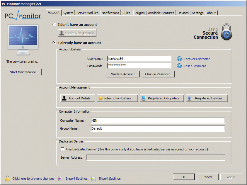 The main Windows PC Monitor configuration window. The main Windows PC Monitor configuration window.