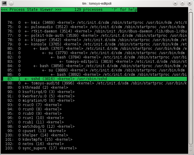 Tomoyo lists the domain names in the process overview. The profile number is shown in the second column. Tomoyo lists the domain names in the process overview. The profile number is shown in the second column.
