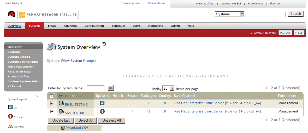 The Systems page shows a summary of systems managed by the Satellite Server. The Systems page shows a summary of systems managed by the Satellite Server.