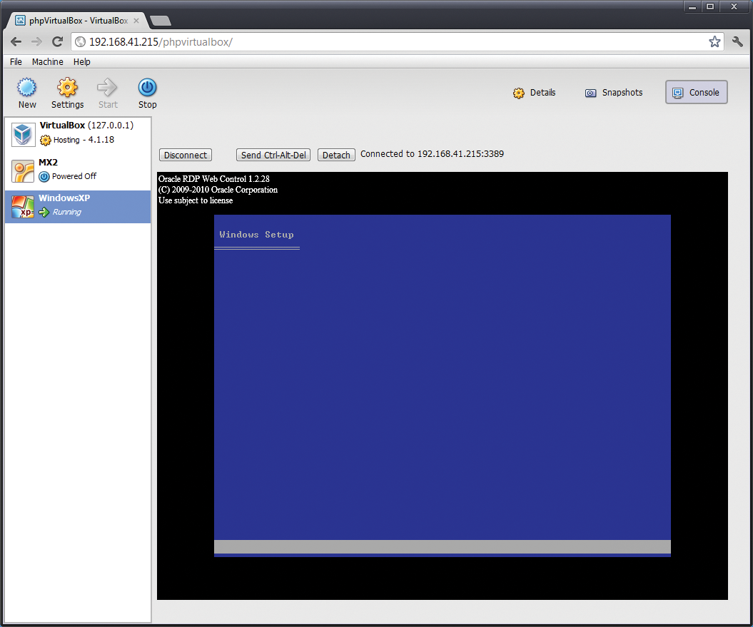 Thanks to VRDP support, you can access the virtual machine consoles in your browser with phpVirtualBox. Thanks to VRDP support, you can access the virtual machine consoles in your browser with phpVirtualBox.