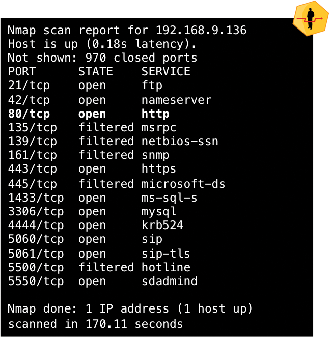 Visible ports (abridged) on a Linux web server with active HoneypotMe as revealed by nmap. Visible ports (abridged) on a Linux web server with active HoneypotMe as revealed by nmap.