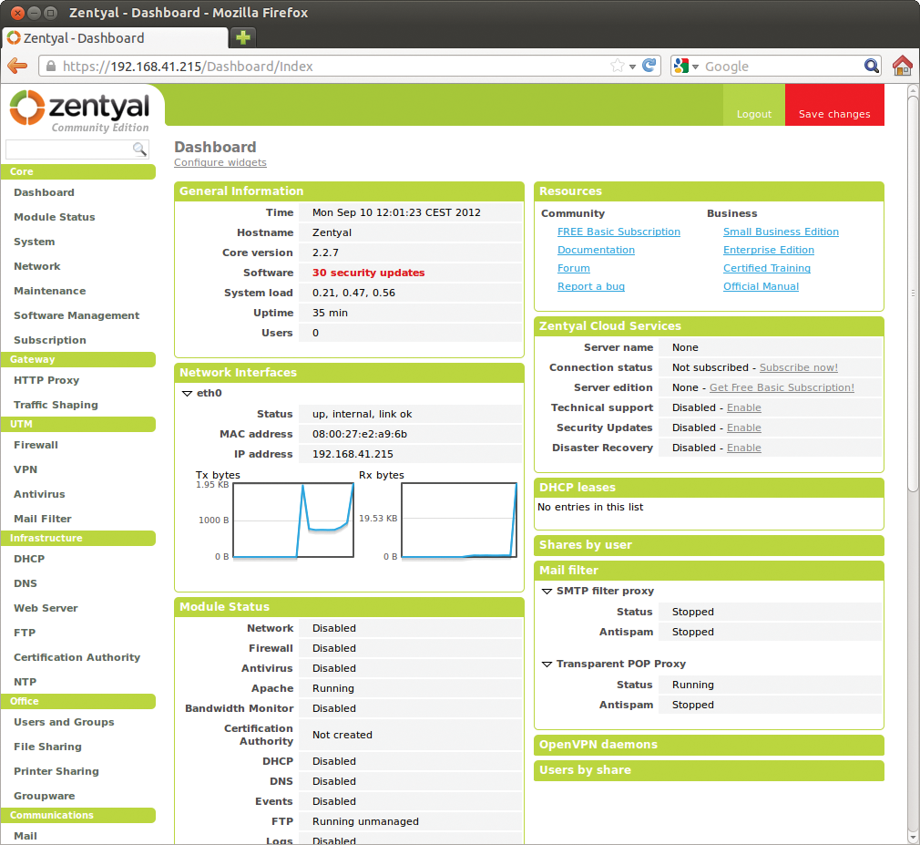 The dashboard shows an overview of the current status of the server and running services, and lets you control the services from here, too. The dashboard shows an overview of the current status of the server and running services, and lets you control the services from here, too.