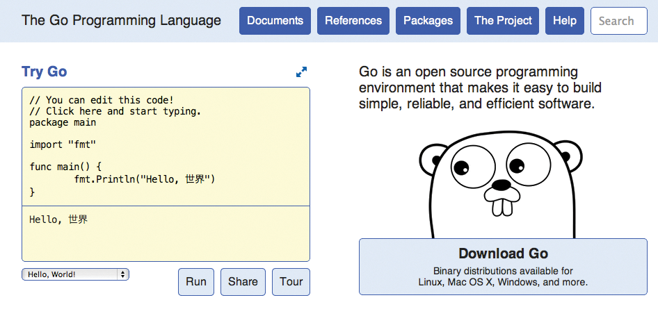 The Go website tour gives users a good first impression of the programming language. The Go website tour gives users a good first impression of the programming language.