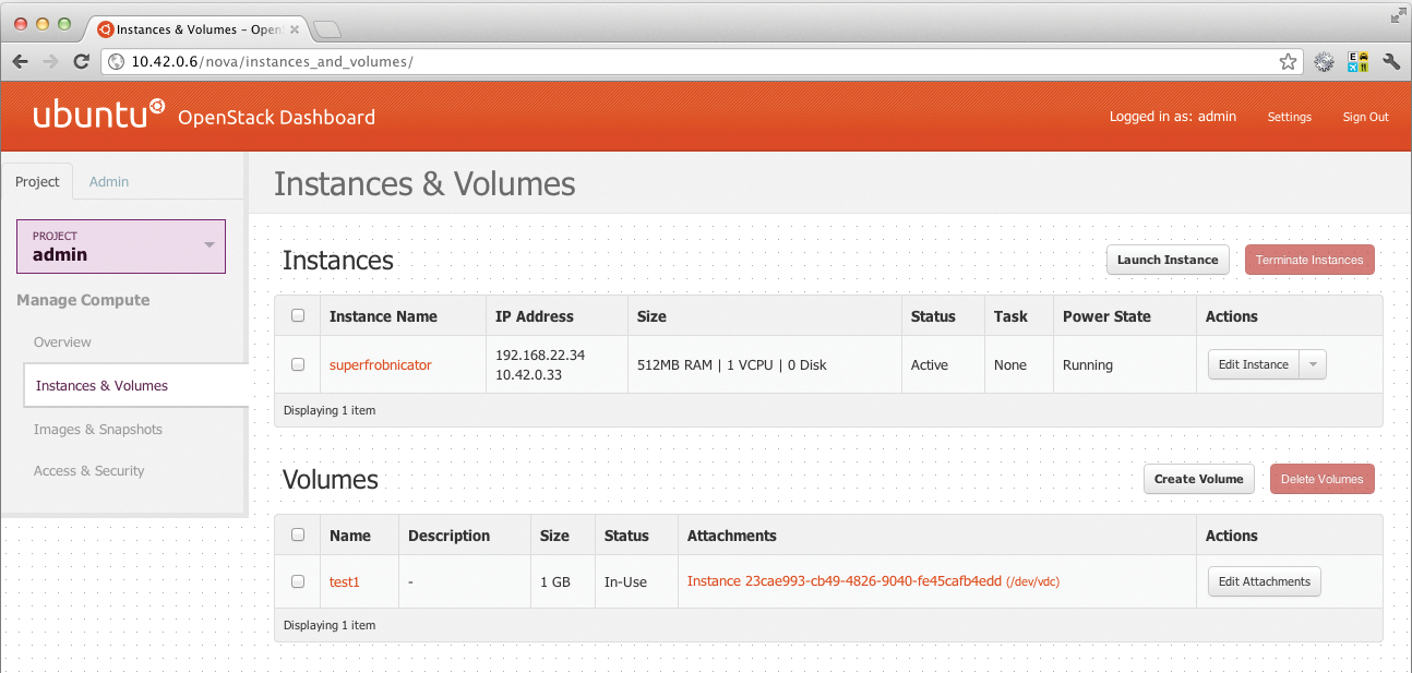 The Dashboard is the central user interface. Existing VMs, referred to as "instances," can be deleted and started here. The Dashboard is the central user interface. Existing VMs, referred to as "instances," can be deleted and started here.