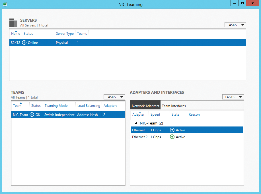 Viewing the NIC Teaming status. Viewing the NIC Teaming status.