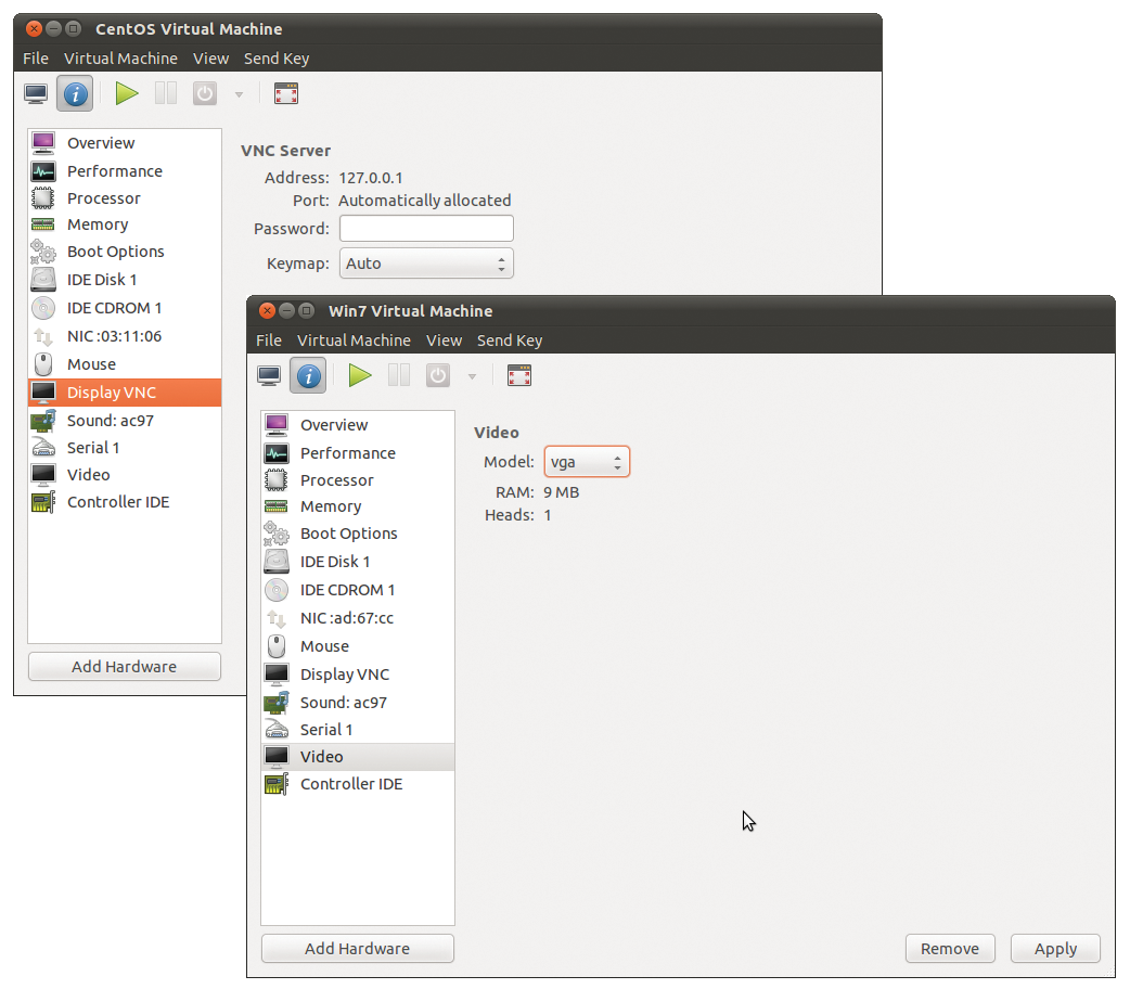 The graphics settings in Virtual Machine Manager are distributed across two dialogs. The graphics settings in Virtual Machine Manager are distributed across two dialogs.