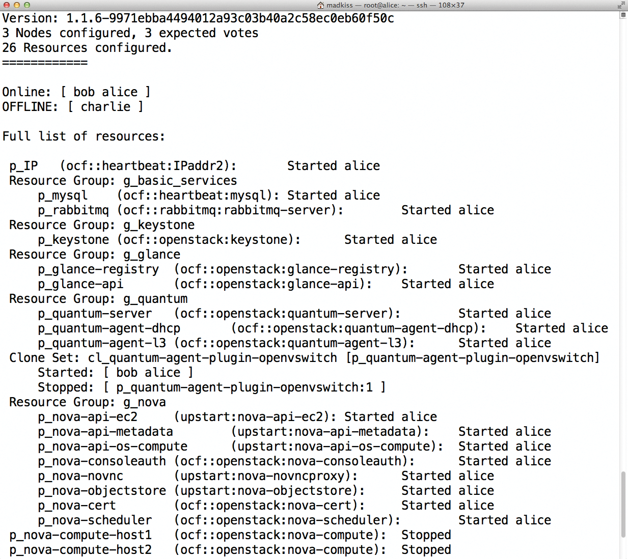 Using Pacemaker to harden an OpenStack setup against failures: a three-node cluster with one node down. Using Pacemaker to harden an OpenStack setup against failures: a three-node cluster with one node down.