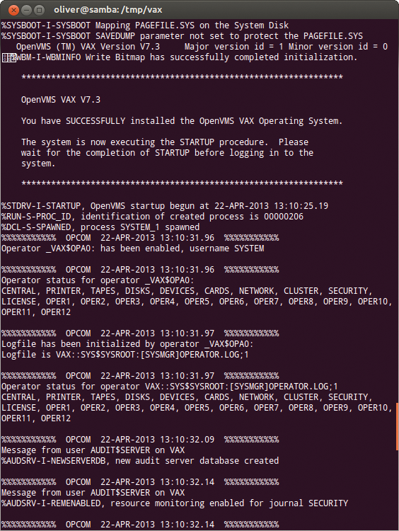 After the installation, OpenVMS comes up waiting for the first login. The system console displays the audit messages. After the installation, OpenVMS comes up waiting for the first login. The system console displays the audit messages.