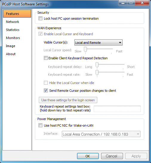 The optional host software adds a number of convenience functions on the remote workstation, such as changing the Wake-on-LAN settings for the network card and locking the host after the zero client logs out. The optional host software adds a number of convenience functions on the remote workstation, such as changing the Wake-on-LAN settings for the network card and locking the host after the zero client logs out.