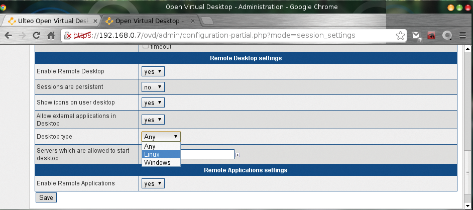 Remote desktop settings in OVD. Remote desktop settings in OVD.
