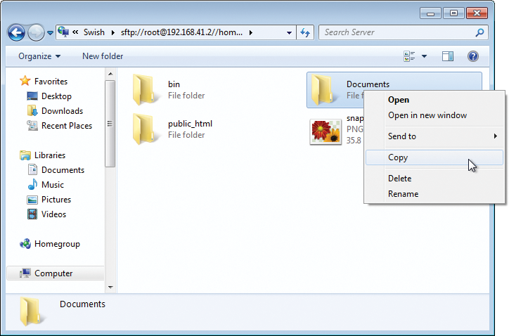 Copying with Swish is achieved by drag and drop or with the context menu (Copy or Send to). Copying with Swish is achieved by drag and drop or with the context menu (Copy or Send to).