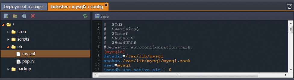 If the default MySQL configuration is not to your liking, you can edit my.cnf directly in the Jelastic dashboard. If the default MySQL configuration is not to your liking, you can edit my.cnf directly in the Jelastic dashboard.