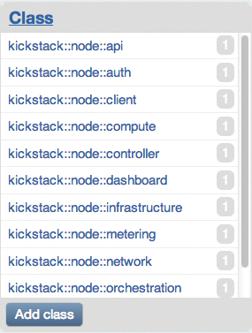 After assigning all node roles, you can view the results in a pane on the left in the Puppet Dashboard's Class overview. After assigning all node roles, you can view the results in a pane on the left in the Puppet Dashboard's Class overview.