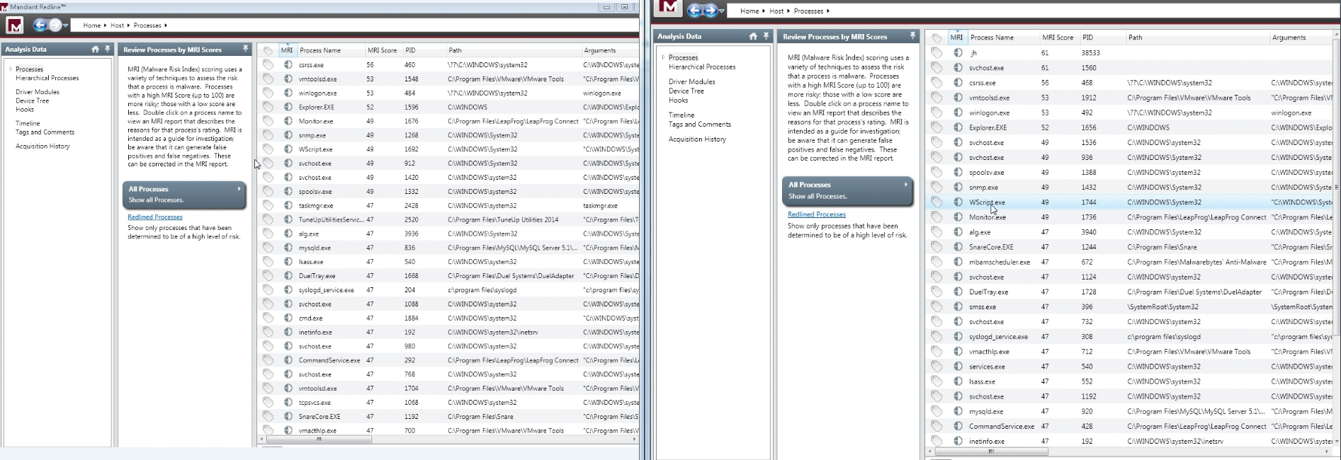 Redline shows the total number of processes running after installing malware (left), then a list of processes running after reboot (right). Redline shows the total number of processes running after installing malware (left), then a list of processes running after reboot (right).