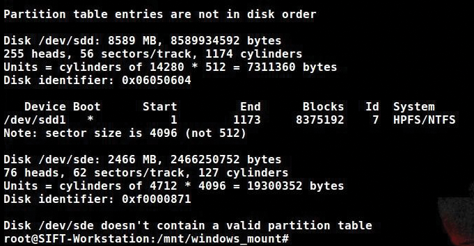 Results after running fdisk -l notice the HPFS/NTFS system at /dev/sdd1. This result is after login to the pmem location. Results after running fdisk -l notice the HPFS/NTFS system at /dev/sdd1. This result is after login to the pmem location.