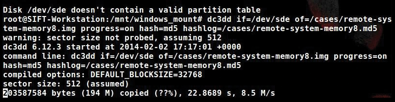 Performing a forensic copy of the Windows memory file using dc3dd. Performing a forensic copy of the Windows memory file using dc3dd.