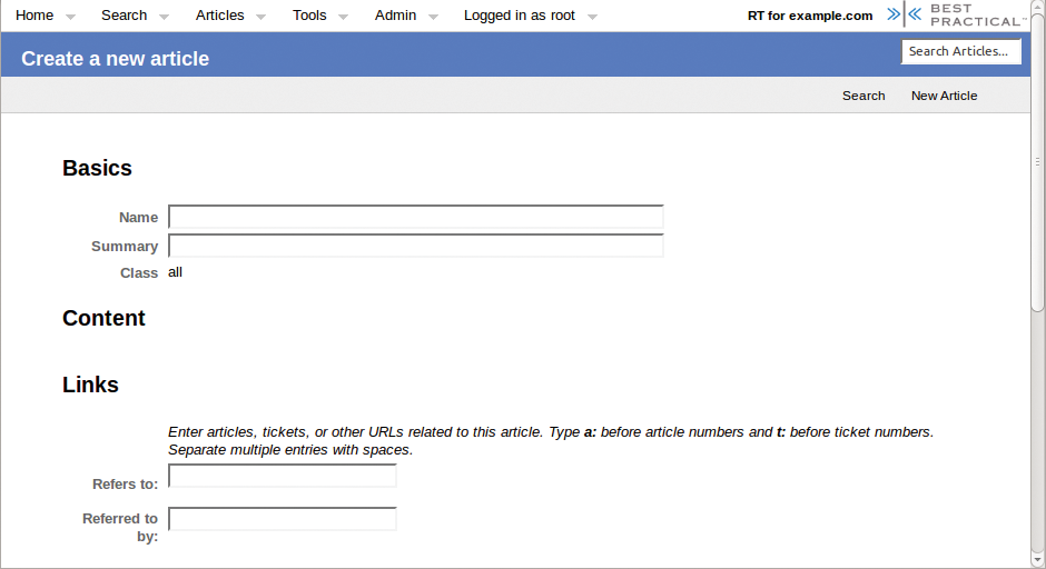The RTFM module is firmly integrated in Request Tracker version 4.0 and allows users to create and classify items. These can then be combined with tickets. The RTFM module is firmly integrated in Request Tracker version 4.0 and allows users to create and classify items. These can then be combined with tickets.