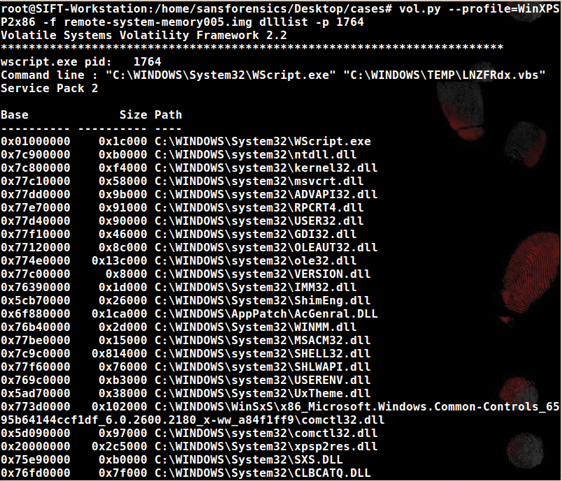 Using dlllist to display DLLs for the process WScript.exe. Using dlllist to display DLLs for the process WScript.exe.