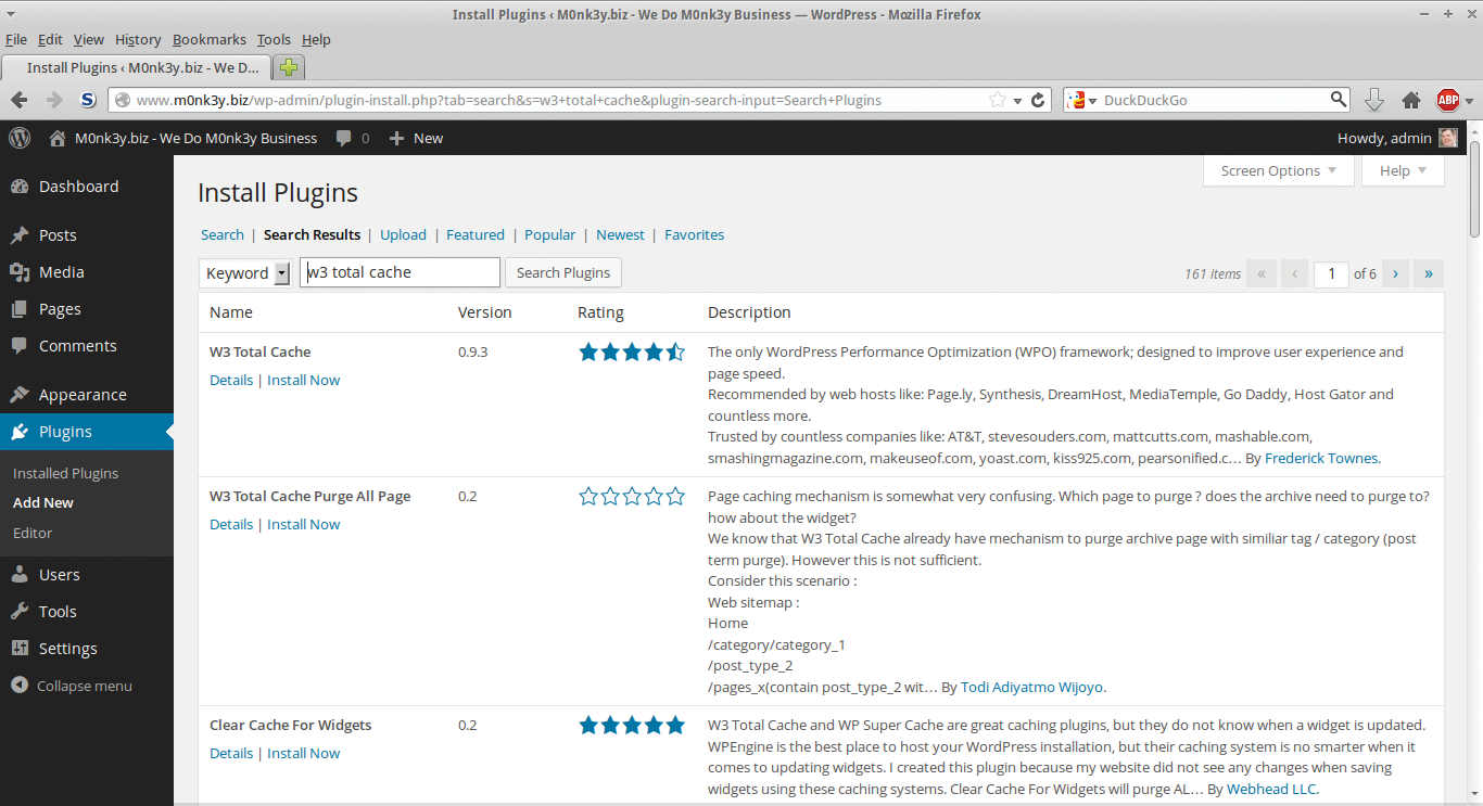 Installing the W3TC plugin. Installing the W3TC plugin.