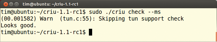 If CRIU reports "Looks good," the kernel provides all the features required by the tool. If CRIU reports "Looks good," the kernel provides all the features required by the tool.