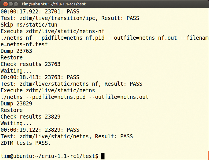 The test suite checks to see whether the system meets all requirements for running CRIU. The test suite checks to see whether the system meets all requirements for running CRIU.