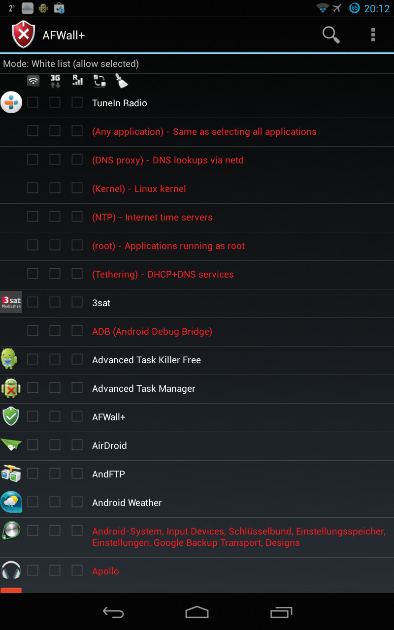 The firewall app AFWall+ configures who is allowed to open connections, when, and using what media. The firewall app AFWall+ configures who is allowed to open connections, when, and using what media.
