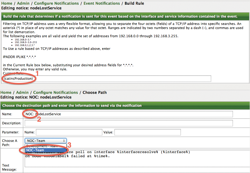 Selecting notification filters and targets. Selecting notification filters and targets.