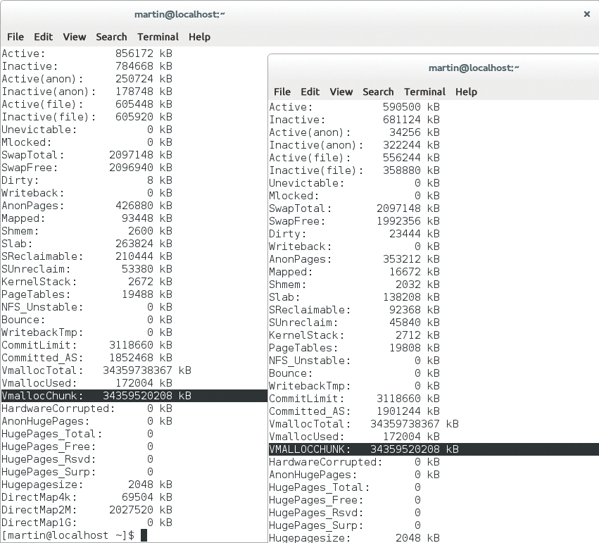 Before deploying the patch with Kpatch (left), /proc/meminfo shows the usual picture. After loading the patch, you see VMALLOCCHUNK – now with uppercase letters – at the same location. Before deploying the patch with Kpatch (left), /proc/meminfo shows the usual picture. After loading the patch, you see VMALLOCCHUNK – now with uppercase letters – at the same location.