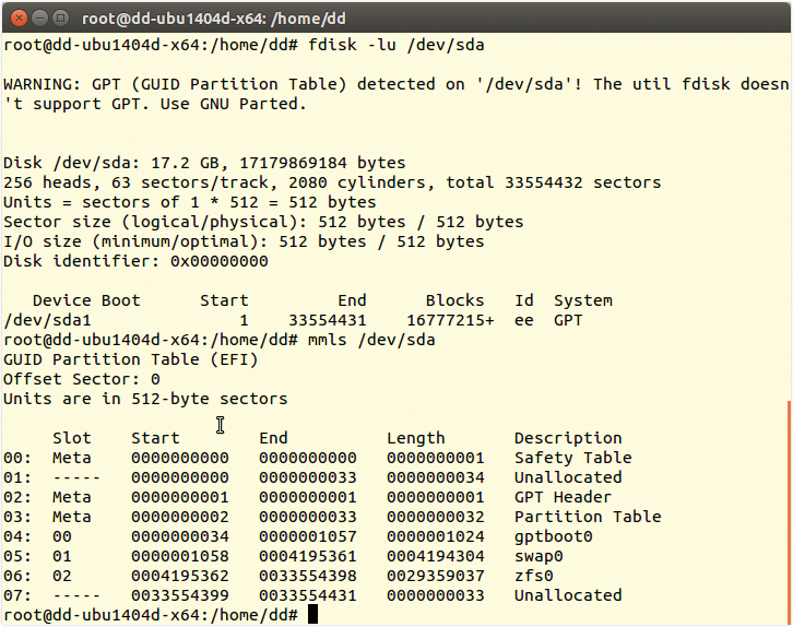 Fdisk doesn't understand the GPT partition, whereas mmls at least outputs some information. Fdisk doesn't understand the GPT partition, whereas mmls at least outputs some information.