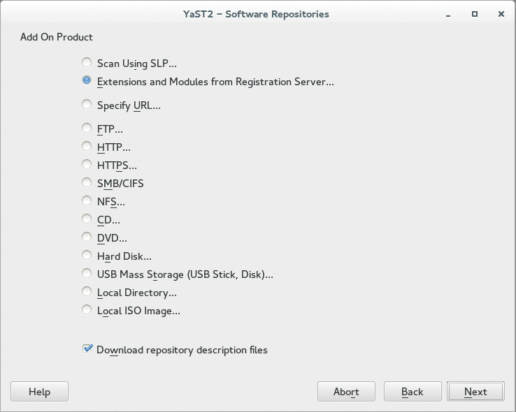 Gone are the days in which you had to enter repositories in YaST by hand. The registration server takes care of configuring repositories. Gone are the days in which you had to enter repositories in YaST by hand. The registration server takes care of configuring repositories.