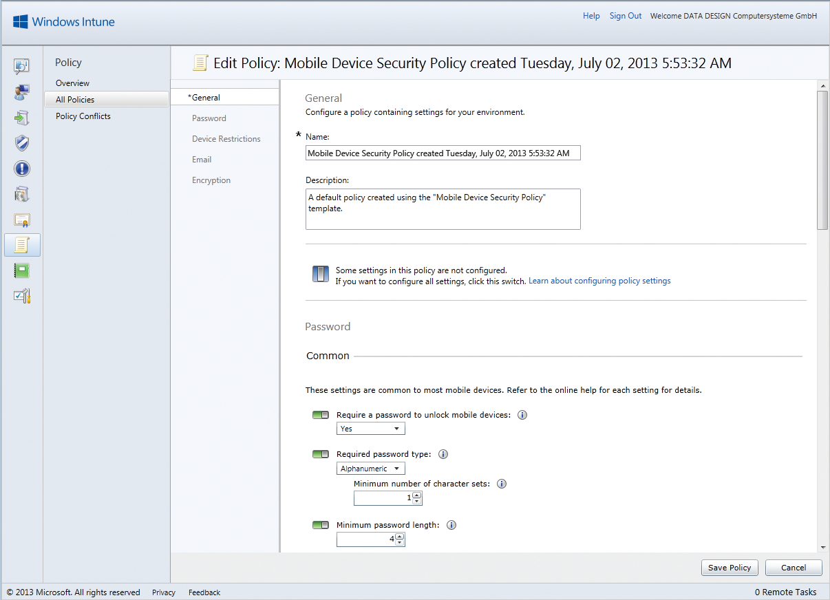 Following Intune integration, administrators can configure policies for mobile endpoints in System Center. Following Intune integration, administrators can configure policies for mobile endpoints in System Center.