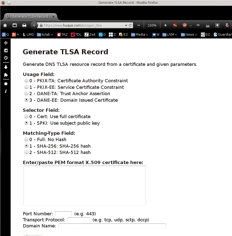 The TLSA generator comfortably produces TLSA RRs in the browser. The TLSA generator comfortably produces TLSA RRs in the browser.
