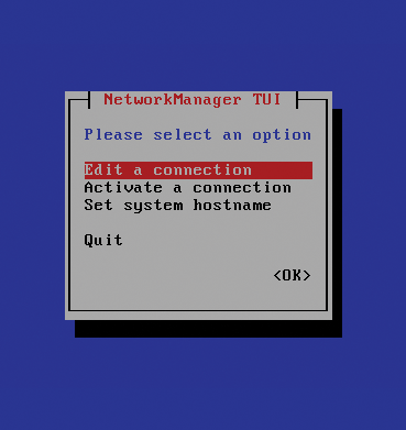 Editing a connection from the NetworkManager TUI dialog. Editing a connection from the NetworkManager TUI dialog.