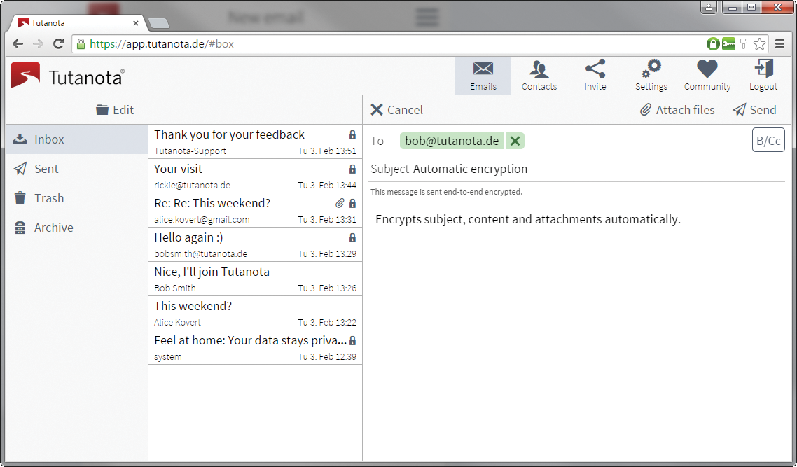 Tutanota makes encrypted communication very easy, but the functionality is limited to the essentials. Tutanota makes encrypted communication very easy, but the functionality is limited to the essentials.
