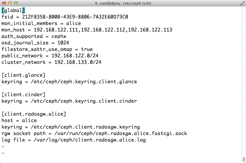 An existing Ceph cluster can be expanded quickly to a Ceph Object Gateway using an entry like this. An existing Ceph cluster can be expanded quickly to a Ceph Object Gateway using an entry like this.